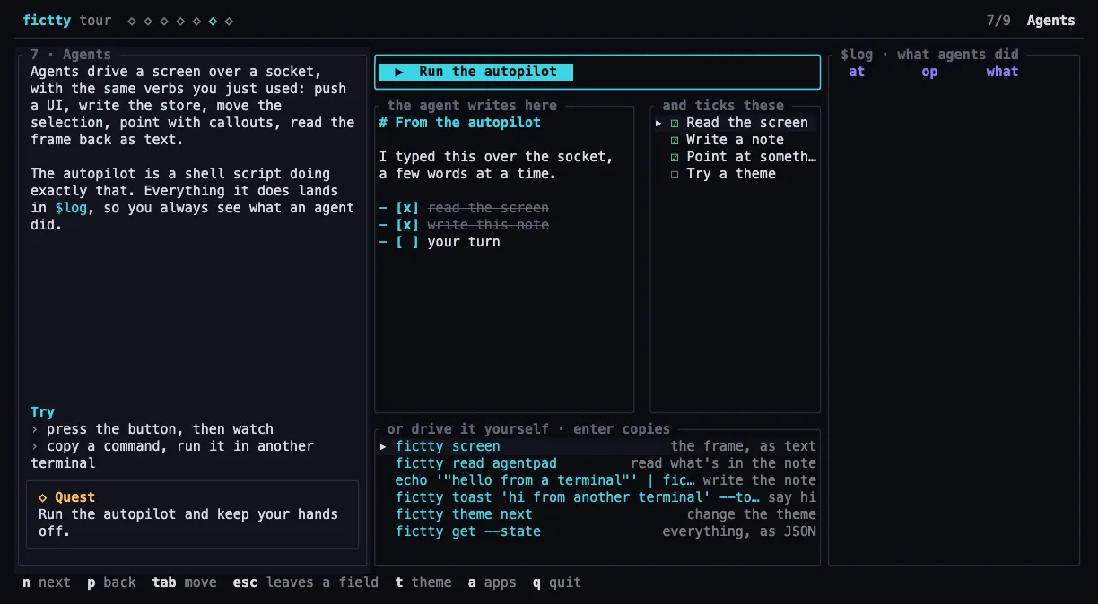 The agents chapter after the autopilot ran: a note it wrote, tasks it ticked, and commands to copy for a second terminal