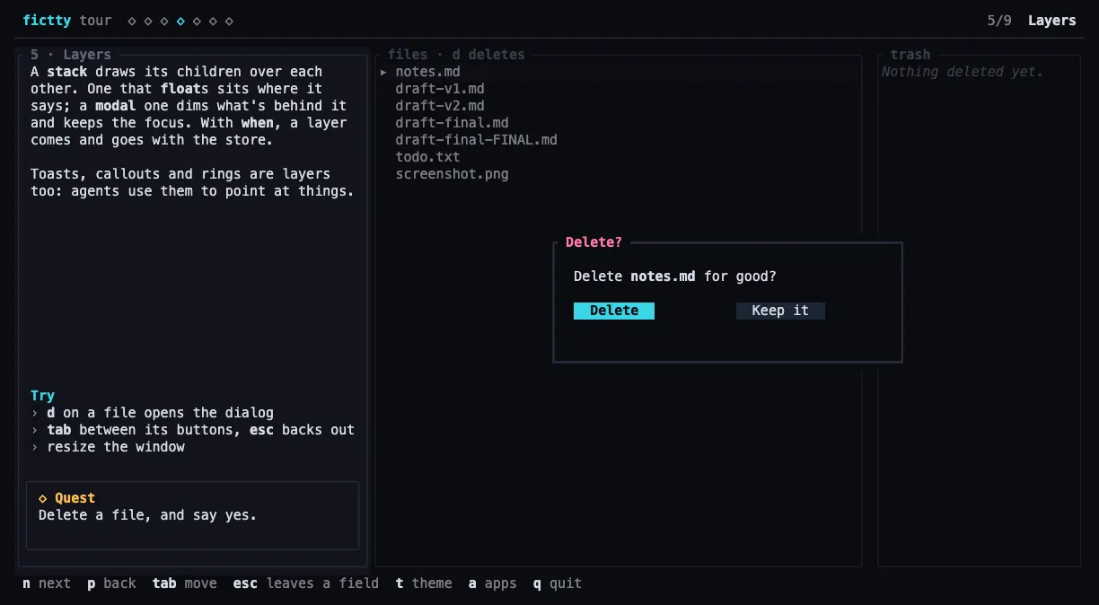 A delete dialog floating over a file list, the screen behind it dimmed