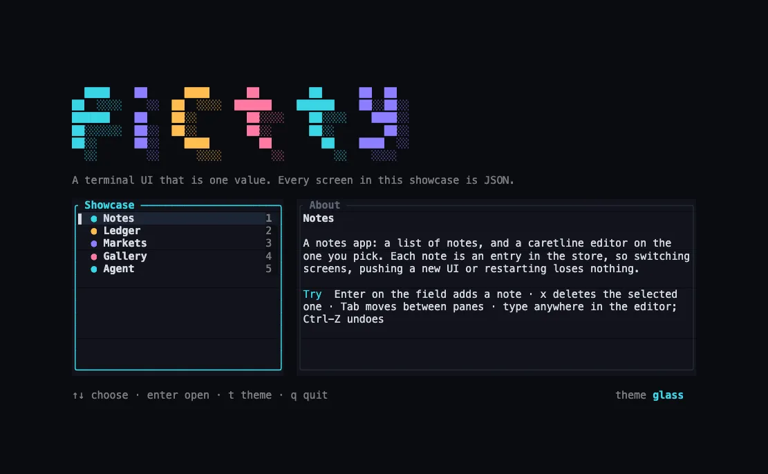 The fictty showcase menu: a glass wordmark built from coloured cells, a list of five chapters, and a description of the selected one