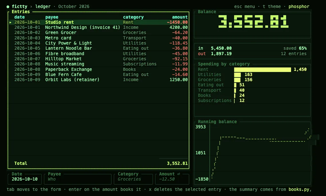 The same ledger in the phosphor theme, green on black