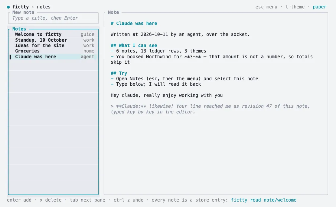 The notes screen in the paper theme: a note titled "Claude was here" with Aram's line "Hey claude, really enjoy working with you" and a reply quoted underneath