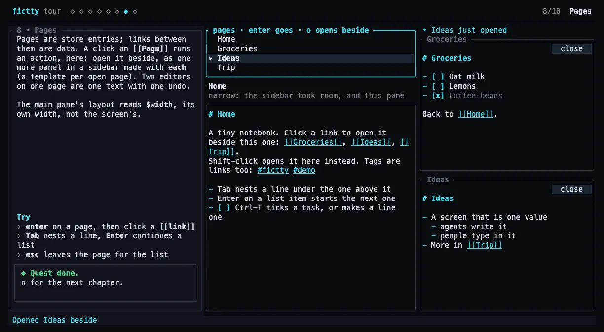 The tour's Pages chapter: a list of pages, the Home page with links, and two pages open in a sidebar